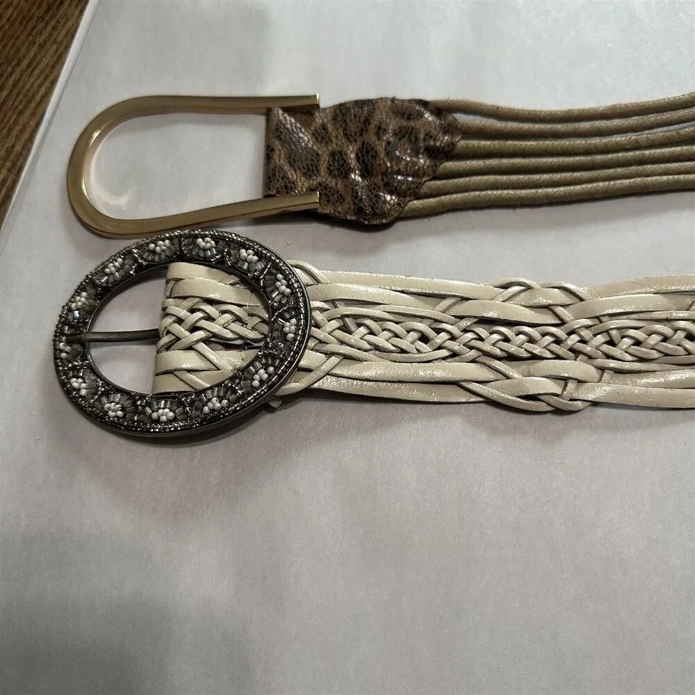 Womens Belts Set of 2 Leather Braided Nine West Beaded Buckle and Animal Print